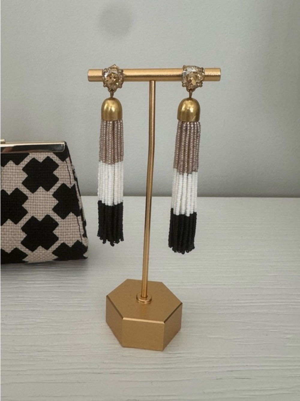 J. Crew Beaded Tassel Drop Earrings in Black, White & Taupe with Gold Accents